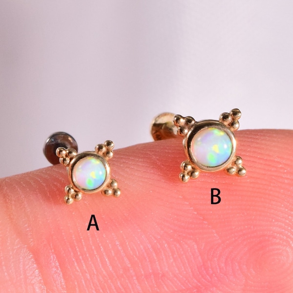 14K Gold Opal Ohrstecker Drei Dot Opal Knorpel Ohrring Threadless Push Pin Stud Opal Helix Stud Conch Flat Back Opal Ohrring 20g
