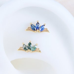 14K Solid Gold Triple Marquise Moss Agate Wing Shape Stud Piercing, Blue Sapphire Wing Shape Helix Stud, Push Pin Flat Back Stud Earring