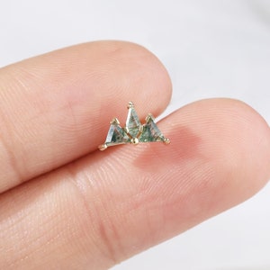 14K Solid Gold Moss Agate Helix Earring, Mountain Shaped Earlobe Threadless End Stud, Gemstone Cluster Cartilage Conch Flat Back Piercing