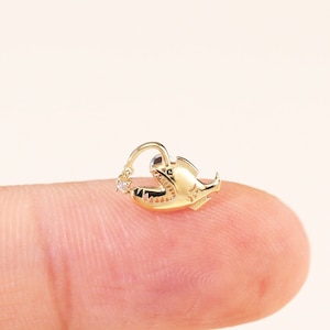 14k Solid Gold Anglerfish Moissanite Push Pin Stud, Gemstone Fish Tragus Threadless Earring, Angler Fish Cartilage Conch  Flat Back Piercing
