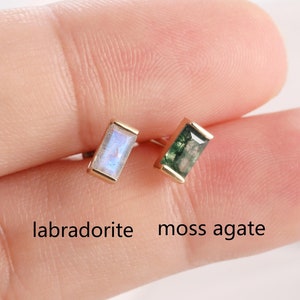 14k Solid Gold Moss Agate Baguette Stud Earring Labradorite Cartilage Stud Rectangle Shape Stud Tiny Conch Earring Helix Tragus Labret Stud