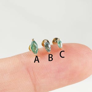 14K Solid Gold Tiny Marquise Moss Agate Internally Threaded Helix Earring, 14K Gold Cartilage Labret Conch Tragus Labret Screw Back Piercing