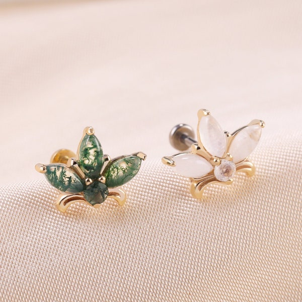 14K Solid Gold Moss Agate Lily Flower Earring,Moonstone Cartilage Piercing, Gemstone Threadless End, Fleur De Lis Earring, Flat Back Earring