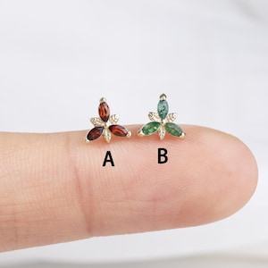 14K Solid Gold Moss Agate Cartilage Earring, Gold Garnet Flower Shaped Conch Helix Medusa Piercing Threadless Stud Flat Back Earring
