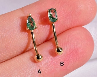 14K Solid Gold Moss Agate Teardrop Rook Earring Oval Shape Rook Earring Eyebrow Piercing Dainty Daith Rook Piercing Curved Barbell Piercing