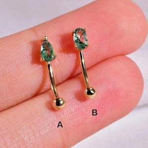 14K Solid Gold Moss Agate Teardrop Rook Earring Oval Shape Rook Earring Eyebrow Piercing Dainty Daith Rook Piercing Curved Barbell Piercing