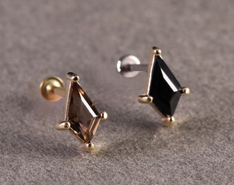 14K Solid Gold Kite Shape Smoky Quartz Earring,Black Onyx Cartilage Earring,Rhombus Stud Earring,Helix Tragus Conch Stud,Flat Back Earring