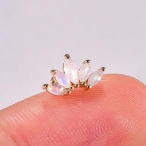 14k Solid Gold Marquise Moonstone Cartilage Earring Fan Shape Conch Earring Moonstone Helix Stud Tragus Stud Flat Push Back Earring 20g