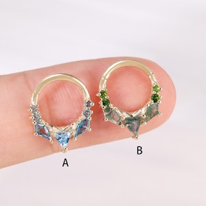 Ágata musgosa de ouro maciço 14K com diópsido, topázio azul suíço com topázio azul de Londres, anel de narina/clichê de septo/argola de cartilagem/clichê sem costura