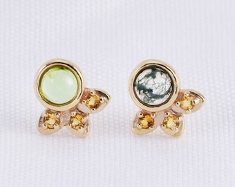 14K Solid Gold Moss Agate Peridot  Earring, Citrine Earring,Green Stone Stud,Gold Dainty Cartilage,Helix Tragus,Push Back Earring20g 18g