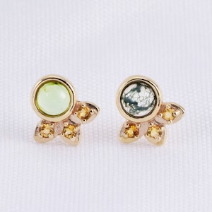 14K Solid Gold Moss Agate Peridot  Earring, Citrine Earring,Green Stone Stud,Gold Dainty Cartilage,Helix Tragus,Push Back Earring20g 18g