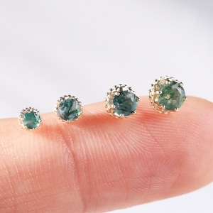 14K Solid Gold Moss Agate Crown Push Back Earring, Dainty Multi-size Round Cartilage Helix Stud, Lobe Tragus Conch Nose Threadless Pin Stud