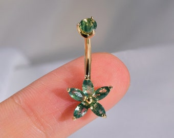 14K Solid Gold Moss Agate Flower Navel Piercing Floral Navel Belly Ring Goud Gebogen Barbell Navel Ring Moss Agate Belly Piercing 14g