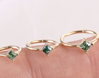 14K Gold Natural Moss Agate Conch Earring Daith Hoop Earring Rook Ring Seamless Clicker Natural Stone Cartilage Earring Helix Huggie 16G
