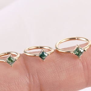 14K Gold Natural Moss Agate Conch Earring Daith Hoop Earring Rook Ring Seamless Clicker Natural Stone Cartilage Earring Helix Huggie 16G