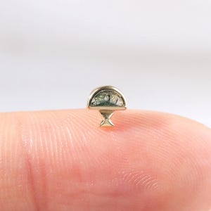 14K Solid Gold Moss Agate Fish Earring, Tiny Fish Shaped Cartilage Conch Push Back Stud, Helix Earlobe Nose Labret Tragus Threadless End