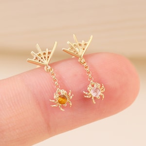 14K Solid Gold Spider Web Tiger Eye Stone Earring, Gold Moonstone Stud, Threadless Stud, Flat Back Piercing, Dangle Spider Stud, Helix Stud