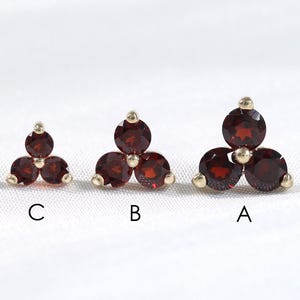 14K Solid Gold Garnet Triangle Cluster Stud Earring, Threadless Push Pin Cartilage Helix Piercing