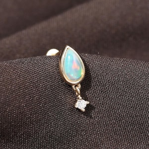 14K Solid Gold Natural Opal with Moissaite Stud, Teardrop Dangle Earring Flat back Push Pin Piercing, Tragus Cartilage Helix Conch Earring
