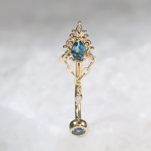 14K Solid Gold London Blue Topas Moissanit Turm Ohrring, Dangle Kette Floral Curved Barbell, Innengewinde Bauchring von LeiTjewelry