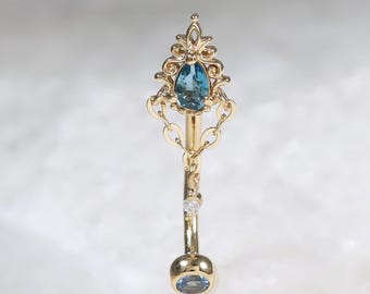 14K massief gouden London Blue Topaas Moissanite torenoorbel, hangende ketting met bloemen gebogen barbell, buikring met interne schroefdraad van LeiTjewelry