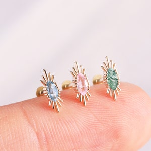 14K Gold Eye Moosachat Helix fadenloser Pin Ohrring, London Blue Topaz Knorpel Piercing, rosa Sapphire Auge geformt Conch Flat Back Stud