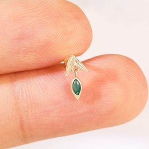 14K Solid Gold Chrysoprase Dangle Chain Stud Earring Cartilage Earring, Threadless Flat Back Earring, Helix Stud Conch Earring, Gift for her