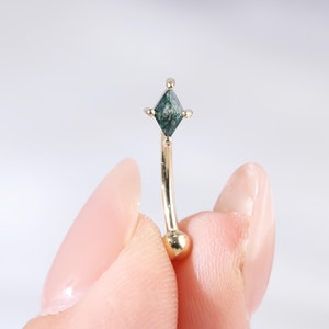 14K Solid Gold Moss Agate Rhombus Rook Piercing, Tiny Eyebrow Earring Curved Barbell Rook Earring, Solid Gold Labret Rook Jewelry 16g