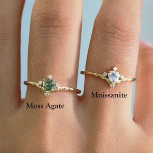 14K Solid Gold Heart Shaped Natural Moss Agate Engagement Ring Moissanite Band Leaf Vintage Promise Ring Gemstone Minimalist Ring For Women