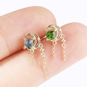 14K Solid Gold Moon Diopside Dangle Stud, Moss Agate with Dangle Chain Threadless Pin Earring, Helix Earlobe Cartilage Flat Back Piercing