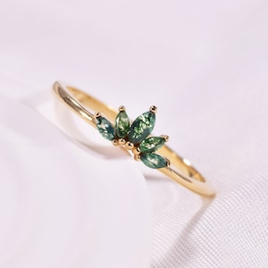 14K Solid Gold Moss Agate Marquise Crown Ring Stacking Ring Tiara Ring Engagement Ring Wedding Ring Unique Anniversary Ring Marquise Band