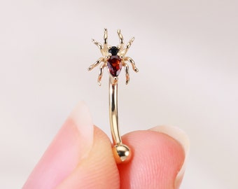 14K Solid Gold Spider Rook Ring, Black Onyx Eyebrow Earring, Curved Barbell, Real Gold Garnet Spider Eyebrow Piercing Jewelry 16G
