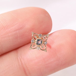 14K Solid Gold London Blue Topaz and Swiss Blue Topaz Flower Cartilage Earring Cartilage Piercing Threadless Stud, Helix Flat Back Earring