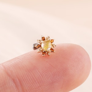 14K Solid Gold Yellow Hair Quartz Sunflower Shape Stud Earring Cartilage Earring Citrine Helix Stud Threadless Push Pin Flat Back Earring