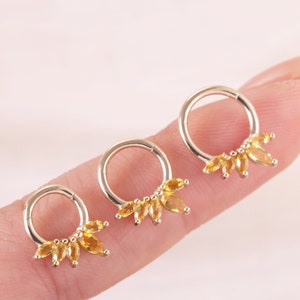 14K Solid Gold Citrine Fan Shape Hinged Clicker Ring Gold Daith Piercing Cartilage Hoop Earring Septum Nose Ring Helix Piercing 16g