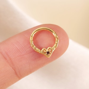 14K Gold Heart Daith Hoop Earring, Garnet Septum Ring, V shape Hoop Clicker, Flower Edge Helix Hoop Ring, Conch Earring, Nose Piercing 16G