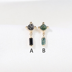 14K Solid Gold Dangle Moss Agate Threadless Pin Earring, Black Rutilated Quartz with Black Onyx Cartilage Helix Earlobe Flat Back Stud