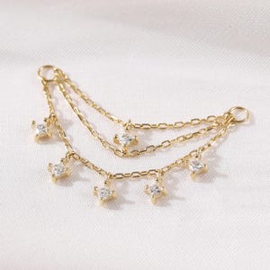 14K massief gouden moissaniet ster drievoudige bungelketting, hemelse neus helix tragusketting accessoire, diamantkraakbeen oor stapelketting connector