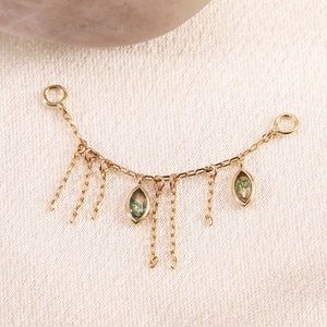 14K Solid Gold Marquise Cut Moss Agate Chain Charm, Gemstone Helix Daith Chain Attachment, Real Gold Dangle Cable Chain Connector Piercing