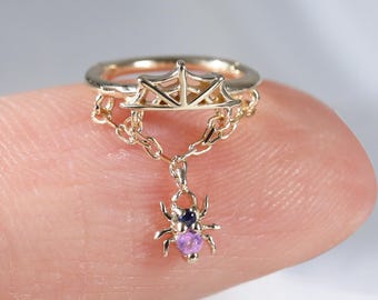 Pendiente de aro con cierre de araña, amatista y zafiro azul en oro macizo de 14 quilates, piercing con cadena colgante de telaraña, aro para cartílago, hélix y concha de LeiTjewelry
