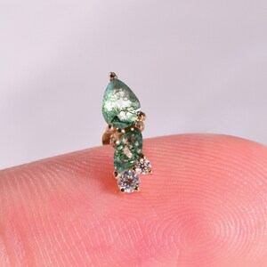 14K Solid Gold Dainty Moss Agate Threadless Push Back Earring Moissanite Cartilage Earring Helix Stud Tragus Earring Flat Back Earring