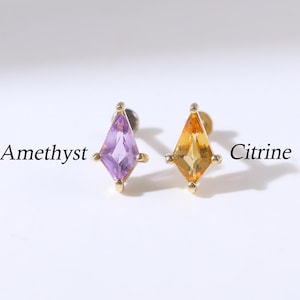14K Solid Gold Kite Amethyst Push Back Earring, Rhombus Citrine Cartilage Helix Flat Back,  Gemstone Conch Labret Earlobe Threadless Pin