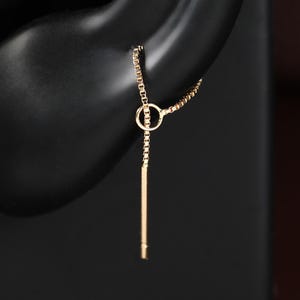 Pendiente colgante de cadena de oro macizo de 14 quilates, pendiente colgante minimalista de barra larga, gancho para oreja, joyería para el lóbulo de la oreja (cartílago del hélix).