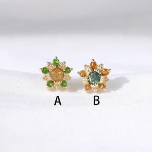 14K Solid Gold Moss Agate with Citrine Sunflower Conch Flat Back Stud, Yellow Hair Quartz with Diopside Floral Helix Cartilage Push Back