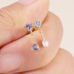 14K Solid Gold Moonstone Dangle Earring Tanzanite Blue Stud Earring Dangle Gemstone Earring Flat Back Earring Helix Cartilage Conch Piercing