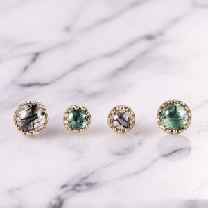 14K Solid Gold Moss Agate Stud,Black Hair Quartz Threadless Stud,Black Rutilated Quartz Helix Stud, Labret Stud,Gemstone Flat Back Earring