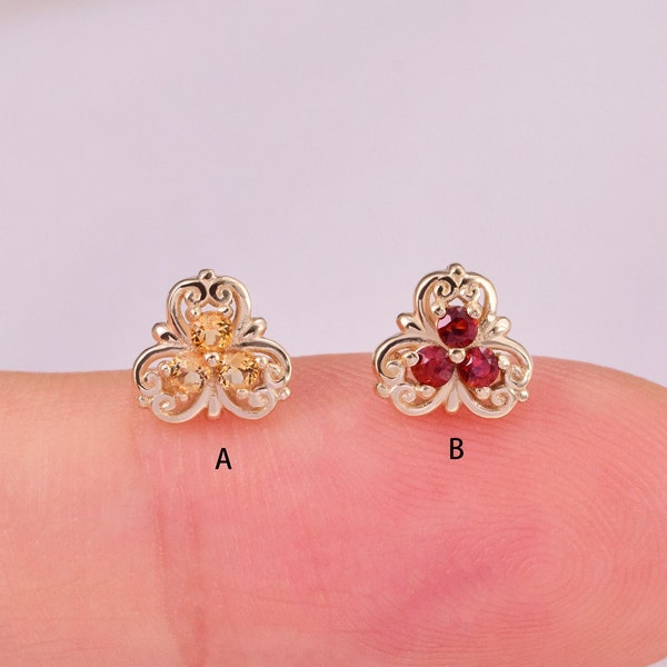 14K Solid Gold Triangle Cluster Stud Earring Garnet Flower Cartilage Earring Citrine Helix Stud Conch Tragus Bloom Earring Push In Back 20g
