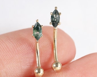 14K Solid Gold Moss Agate Rook Earring, Marquise Natural Gemstone Eyebrow Piercing, Belly Navel Curved Barbell Jewelry 16G by LeiTjewelry