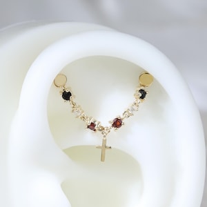 14K Solid Gold Garnet with Moissanite Chain Attachment, Gold Black Onyx Dangle Cross Helix Chain Stud Huggie Hoop Clicker Connector Piercing