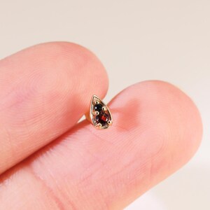 14K Solid Gold  Garnet with Black Onyx Teardrop Stud Earring, Gold Gemstone Daith Cartilage Earrings, Conch Tragus Flat Back Earring